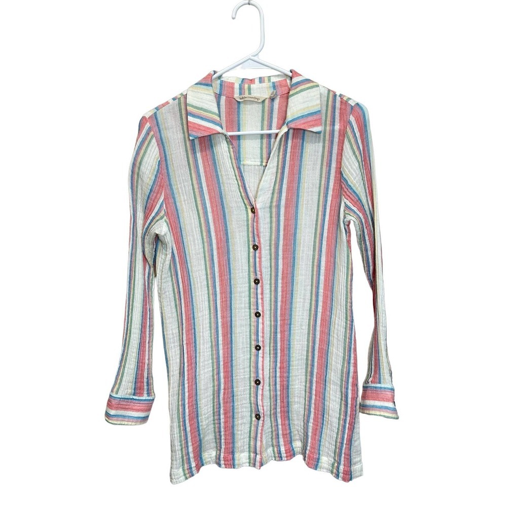 Soft Surroundings Button Up Tunic‎ Long Sleeve Cotton Rainbow Stripes sz XS
